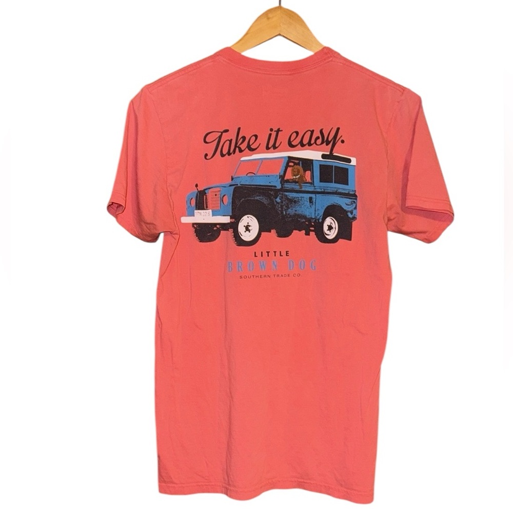 •LITTLE BROWN DOG•CORAL “TAKE IT EASY” GRAPHIC T-SHIRT SIZE SMALL (UNISEX) VGUC